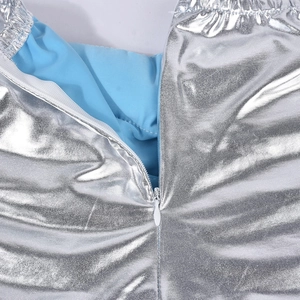 Detailed close-up of water-resistant silver metallic fabric with white invisible zipper