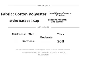 Detailed size and material specification chart for the cotton polyester baseball cap