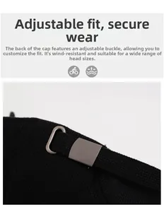 Detail of adjustable metal buckle and strap on winter knit baseball cap for men
