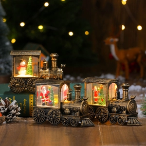 Retro Christmas Train Snow Globe LED Lighted Water Filled Glitter Santa Snowman Antique Bronze PVC Desktop Ornament Gift