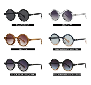 Collage of retro round sunglasses in six various colors including black and tortoise shell