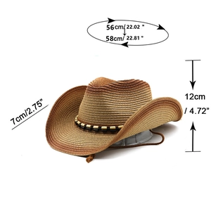 Detailed size chart of western cowboy straw hat with brim and crown measurements