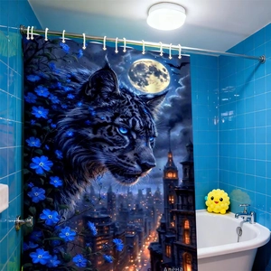 Blue fantasy lynx and full moon shower curtain set with bathroom decor rings