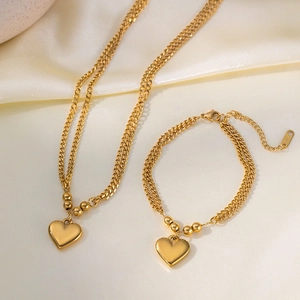 Stainless Steel Heart Pendant Necklace Bracelet Gold Bead Double Layer Chain Jewelry For Women Valentine Gift