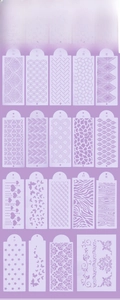 Detail view of various hollow cake stencils featuring leaf and geometric patterns