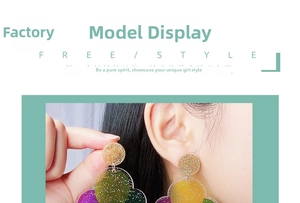 Detail of colorful glitter acrylic earrings showing layered translucent discs and sparkles