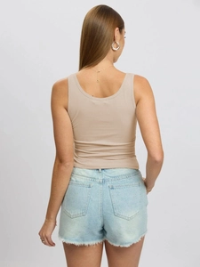 Slim fit khaki ribbed knit tank top with U-neck and back view styling for women