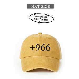 Detailed size guide for yellow cotton baseball cap with +966 embroidery and 56-58cm fit
