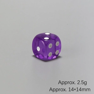 Transparent purple 6-sided resin die with 14mm dimensions and 2.5g weight detail