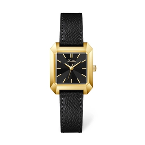 Minimalist square women's watch with golden case and black leather strap on white background