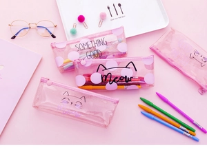 Detail of pink transparent PVC pencil cases with cute cat motifs on a neat desktop