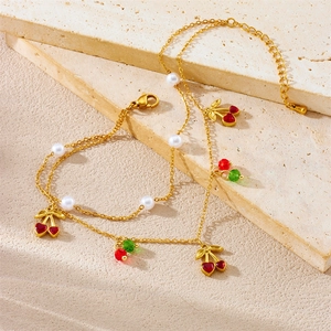 Double-layer gold stainless steel anklet with cherry pendants and white pearls on stone
