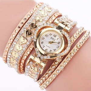 Golden heart-shaped quartz watch with multilayer beige leather rhinestone wrap strap
