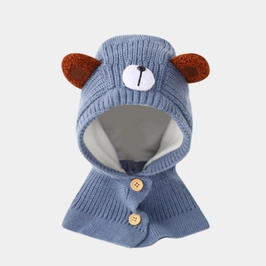 Detail of baby bear knit balaclava featuring wood buttons and 3D bear ears in light blue