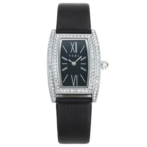 Elegant women's rectangular watch with black dial, silver rhinestones and black strap
