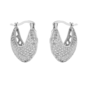 Luxurious silver mesh hoop earrings with full pavé cubic zirconia in a V-shaped design