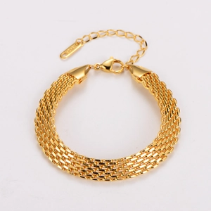 Detail view of a gold braided multi-strand chain bracelet with lobster clasp and extender