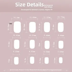 Detailed size chart for rectangular press-on nails with 12 sizes and measurements