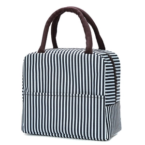 Borsa termica per il pranzo con strisce bianche e nere e manici marroni resistenti