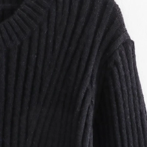 Slim fit black ribbed knit long sleeve mini dress with a round neck for a minimalist look