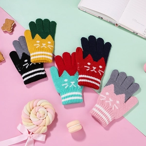 Five pairs of cute cartoon cat knitted thick winter gloves for children in assorted colors