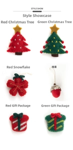 Detailed grid of wool felt Christmas ornaments including trees, snowflakes and acorns