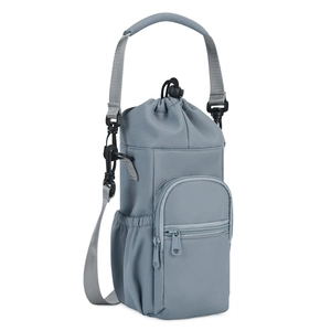 Detail of grey insulated water bottle carrier with front zipper pocket and adjustable strap