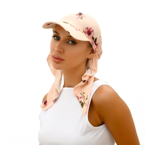 Detail of pink floral headwrap showing the stylish pattern and comfortable fit for women