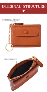Detailed internal structure of brown leather mini coin purse with zipper and key ring