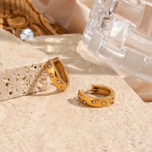 18K gold plated stainless steel hoop earrings with sunburst zircon design on stone base