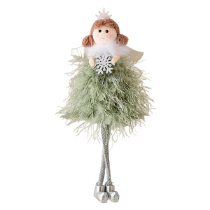 Green plush Christmas angel hanging ornament with silver snowflake and crown details