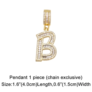 Detail view of gold letter B pendant with cubic zirconia inlay showing 4.0cm x 1.5cm size