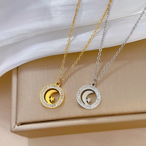 Titanium steel moon and star pendant necklace set with crystal ring in gold and silver