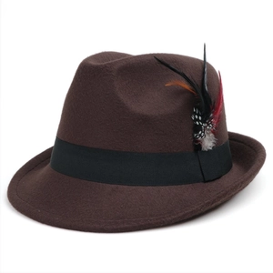 Classic dark brown wool fedora hat featuring a black ribbon band and colorful side feathers
