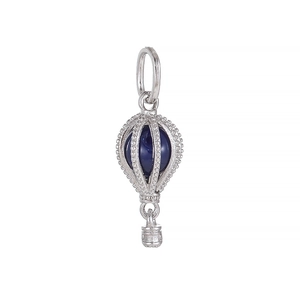 Silver hot air balloon charm with dark blue bead and detailed metalwork on white base