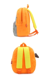 Detail view of cartoon plush excavator backpack with soft orange fabric and yellow straps