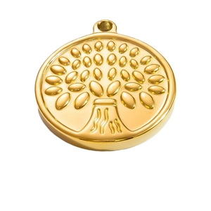 Polished gold stainless steel round pendant featuring a detailed Tree of Life embossing
