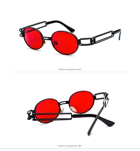 Steampunk sunglasses with red round lenses and black hollow metal frames from dual angles