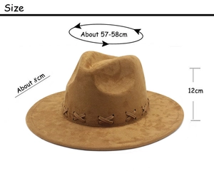 Size diagram showing 57-58cm circumference and 8cm brim of khaki wool fedora hat