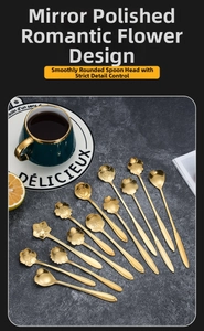 Detailed set of 11 golden flower shaped stainless steel dessert spoons on a dark surface