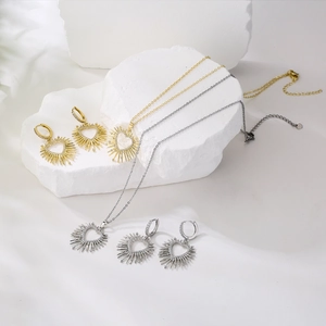 Spiky Heart Necklace And Earrings Jewelry Set Copper With Micro Pave Cubic Zirconia Sunburst Design For Women