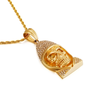 Hip hop gold skull pendant necklace with sparkling rhinestones on twisted rope chain