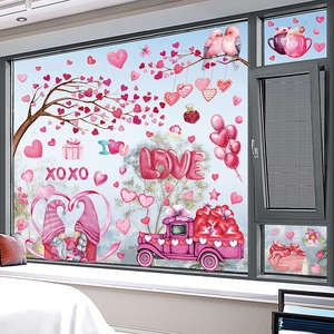 Valentine's Day gnome window decals featuring pink hearts and love car for glass decoration