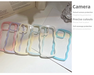 Close-up of wavy edge iPhone cases in six candy colors with rainbow light effect