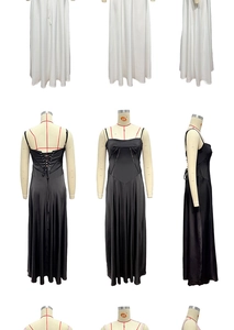 Detail view of satin maxi dress featuring lace-up back design and smooth silky texture