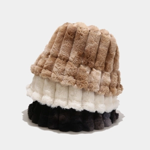 Thick tie-dye vertical stripe faux fur bucket hat for winter in brown white and black