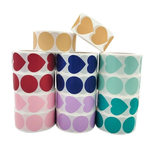 Colorful geometric heart and round waterproof adhesive sticker rolls in various vibrant colors