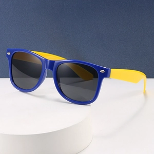 Classic two-tone children's sunglasses with blue frame and contrasting yellow temples