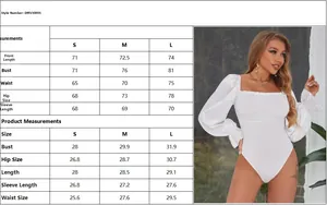 Size chart with measurements for the long sleeve backless bodysuit in centimeters and inches