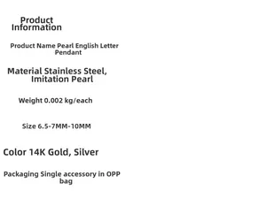 Detailed product specifications for DIY pearl letter pendants in 14K gold and silver